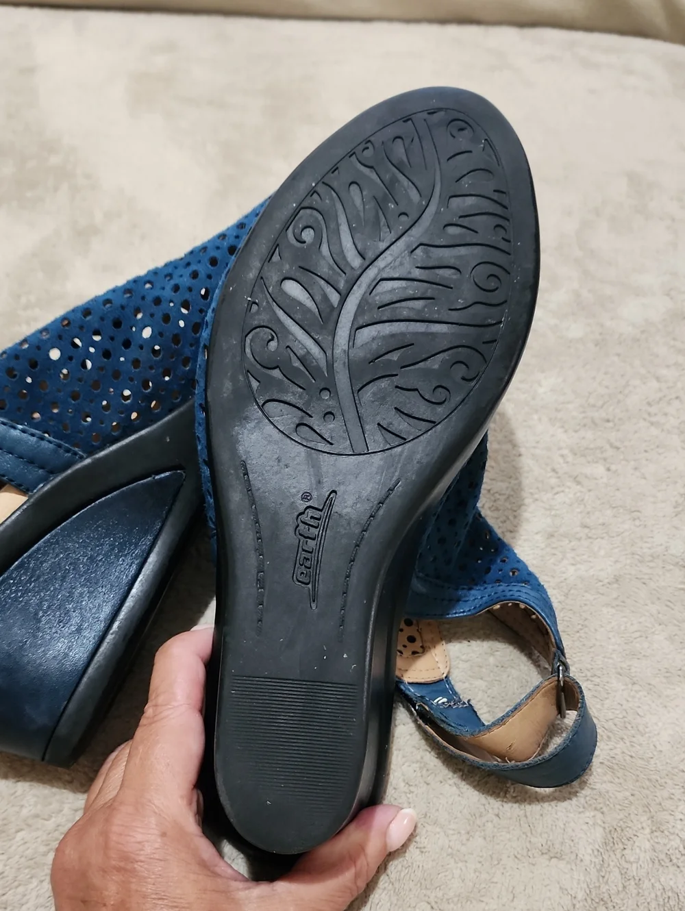Earth Blue Perforated Suede Peep-Toe Sandals with Ankle Strap.